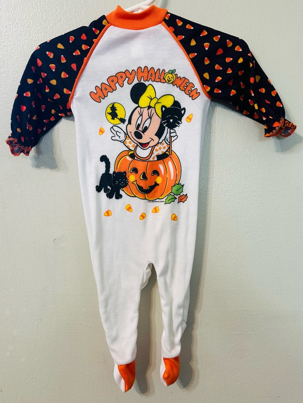 Vintage Minnie Mouse Happy Halloween Baby Footed Sleeper Candy Corn Black Cat